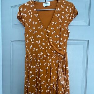 Burnt Orange Floral Old Navy Womens Midi Dress Ruffles Size Small Wrap Style